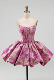 Red A-Line Floral Jacquard Corset Bubble Hem Short Homecoming Dress