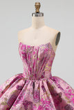 Red A-Line Floral Jacquard Corset Bubble Hem Short Homecoming Dress