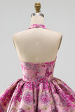 Red Flower Halter Neck Jacquard Bubble Hem Short Homecoming Dress