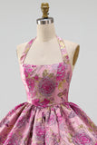 Red Flower Halter Neck Jacquard Bubble Hem Short Homecoming Dress