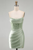 Dusty Green Sequins Ruched Satin Pearl Bodycon Short Homecoming Dress