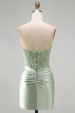 Dusty Green Sequins Ruched Satin Pearl Bodycon Short Homecoming Dress