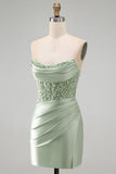 Dusty Green Sequins Ruched Satin Pearl Bodycon Short Homecoming Dress