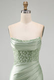 Dusty Green Sequins Ruched Satin Pearl Bodycon Short Homecoming Dress