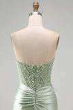 Dusty Green Sequins Ruched Satin Pearl Bodycon Short Homecoming Dress