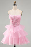 Sparkly Pink A-Line Sequins Pearl Ruffle Tiered Short Homecoming Dress