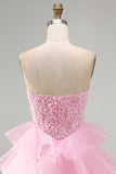 Sparkly Pink A-Line Sequins Pearl Ruffle Tiered Short Homecoming Dress