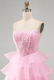 Sparkly Pink A-Line Sequins Pearl Ruffle Tiered Short Homecoming Dress