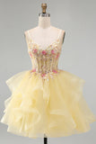 Yellow A-Line Corset Beaded Pearls V-Neck Ruffle Cocktail Dress