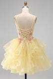 Yellow A-Line Corset Beaded Pearls V-Neck Ruffle Cocktail Dress
