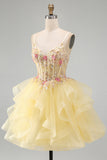 Yellow A-Line Corset Beaded Pearls V-Neck Ruffle Cocktail Dress