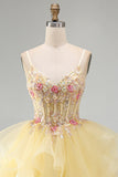 Yellow A-Line Corset Beaded Pearls V-Neck Ruffle Cocktail Dress