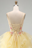 Yellow A-Line Corset Beaded Pearls V-Neck Ruffle Cocktail Dress