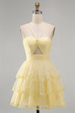 Sparkly Yellow A-Line Cut Out Tiered Ruffle Sequins Short Cocktail Dress