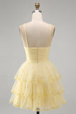 Sparkly Yellow A-Line Cut Out Tiered Ruffle Sequins Short Cocktail Dress