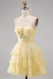 Sparkly Yellow A-Line Cut Out Tiered Ruffle Sequins Short Cocktail Dress