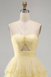 Sparkly Yellow A-Line Cut Out Tiered Ruffle Sequins Short Cocktail Dress