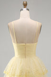 Sparkly Yellow A-Line Cut Out Tiered Ruffle Sequins Short Cocktail Dress