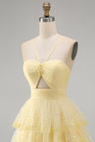 Sparkly Yellow A-Line Cut Out Tiered Ruffle Sequins Short Cocktail Dress