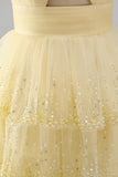 Sparkly Yellow A-Line Cut Out Tiered Ruffle Sequins Short Cocktail Dress