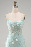 Strapless Tight Lace Pearls Sheer 3D Floral Corset Short Homecoming Dress