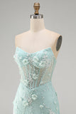 Strapless Tight Lace Pearls Sheer 3D Floral Corset Short Homecoming Dress
