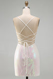 Sparkly Pink Bodycon Sequins Floral Short Homecoming Dress with Beading