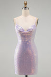 Sparkly Lilac Bodycon Cowl Neck Sequins Short Homecoming Dress