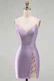 Lilac Backless Short Beaded Tight Homecoming Dress with Criss-Cross Slit