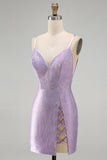 Lilac Backless Short Beaded Tight Homecoming Dress with Criss-Cross Slit
