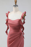 Terracotta Sheath Ruffled Straps Ruched Long Wedding Guest Dress with Slit