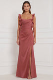 Terracotta Sheath Ruffled Straps Ruched Long Wedding Guest Dress with Slit