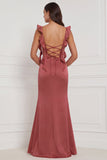 Terracotta Sheath Ruffled Straps Ruched Long Wedding Guest Dress with Slit