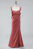 Terracotta Sheath Ruffled Straps Ruched Long Wedding Guest Dress with Slit