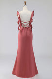 Terracotta Sheath Ruffled Straps Ruched Long Wedding Guest Dress with Slit