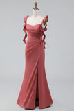 Terracotta Sheath Ruffled Straps Ruched Long Wedding Guest Dress with Slit