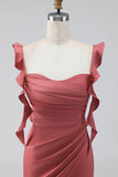 Terracotta Sheath Ruffled Straps Ruched Long Wedding Guest Dress with Slit