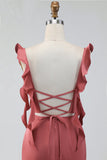 Terracotta Sheath Ruffled Straps Ruched Long Wedding Guest Dress with Slit
