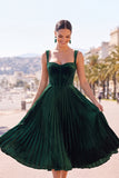 Dark Green Corset Pleated A-Line Thick Straps Midi Dress