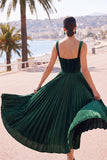 Dark Green Corset Pleated A-Line Thick Straps Midi Dress