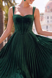 Dark Green Corset Pleated A-Line Thick Straps Midi Dress