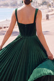 Dark Green Corset Pleated A-Line Thick Straps Midi Dress