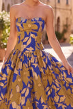 Royal Blue A-Line Strapless Ruched Floral Printed Midi Dress