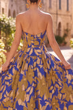 Royal Blue A-Line Strapless Ruched Floral Printed Midi Dress