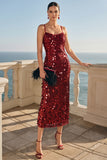 Sparkly Burgundy Sequins Sheath Spaghetti Straps Midi Dress