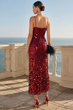 Sparkly Burgundy Sequins Sheath Spaghetti Straps Midi Dress
