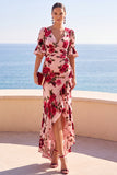 Pink Red Flower Printed V-Neck High‑Low Ruffled Hem Ruched A-Line Maxi Dress
