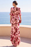 Pink Red Flower Printed V-Neck High‑Low Ruffled Hem Ruched A-Line Maxi Dress