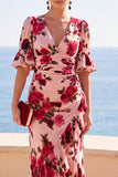 Pink Red Flower Printed V-Neck High‑Low Ruffled Hem Ruched A-Line Maxi Dress