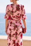 Pink Red Flower Printed V-Neck High‑Low Ruffled Hem Ruched A-Line Maxi Dress